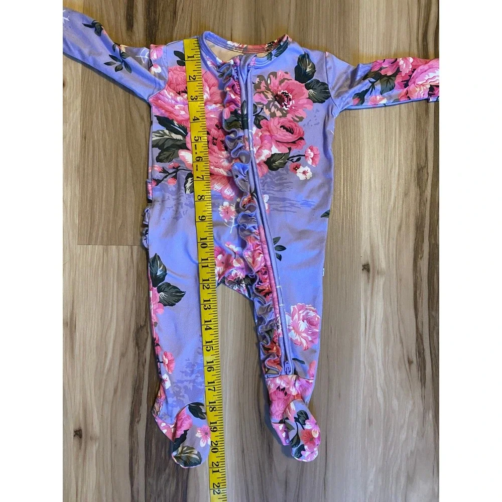 Double the Sprinkles Violet Baby Ruffle Pajama Purple Floral Sleeper Romper 0-3M